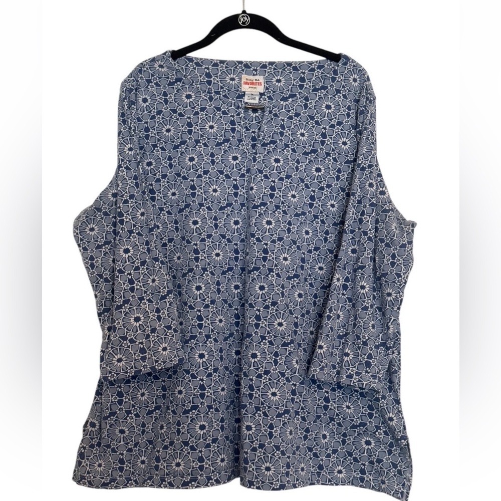 RUBY RD Womens Multicolor Blue Cotton Blouse 3/4 Sleeve Stretch Casual Top *READ
